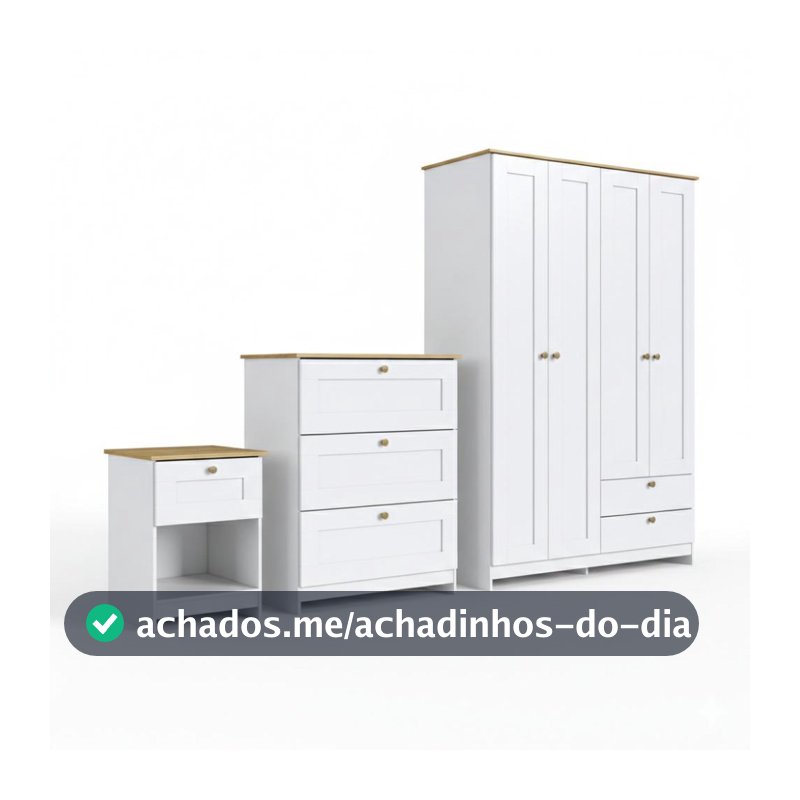 Conjunto Quarto Solteiro Completo 3 Peças 4 Portas 6 Gavetas Americano Cor Branco - Decibal Móveis