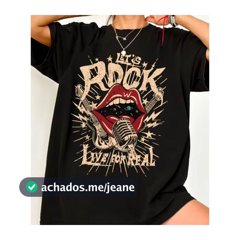 Camiseta Feminina Rock Let´s Rock Estampa Boca Microfone Preta Street Style