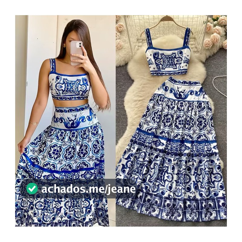 Novo design Bohemian Estilo temperamento elegante de duas peças com saia grande de pêndulo impresso (25259)