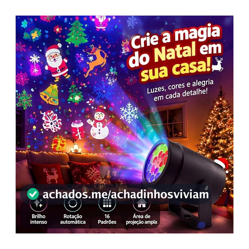 Projetor LED Natalino 16 Temas Luzes de Natal Desenhos Coloridos Rotação 270° Decoração Casa Jardim Parede Festa