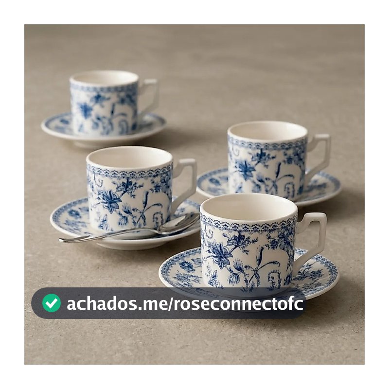 Jogo 4 Xícaras de Chá com Pires Porcelana New Bone Azul Hortênsia 90ml Luxo Mesa Posta Elegante