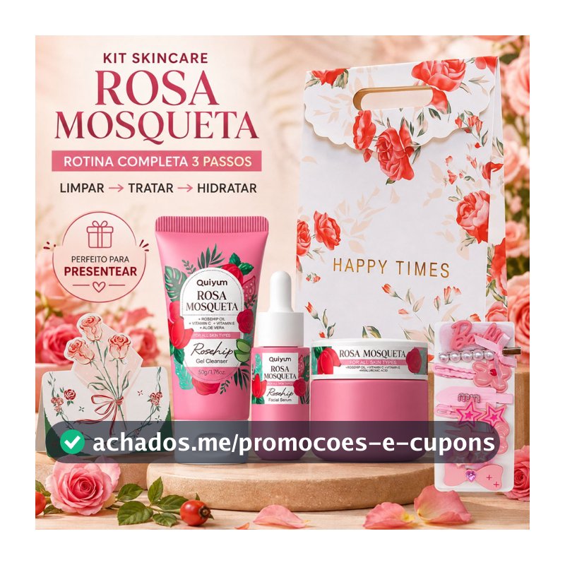 QUIYUM Kit Skincare Rosa Mosqueta 3 Peças - Limpeza, Sérum e Creme Facial - Kit Presente Feminino com Bolsa