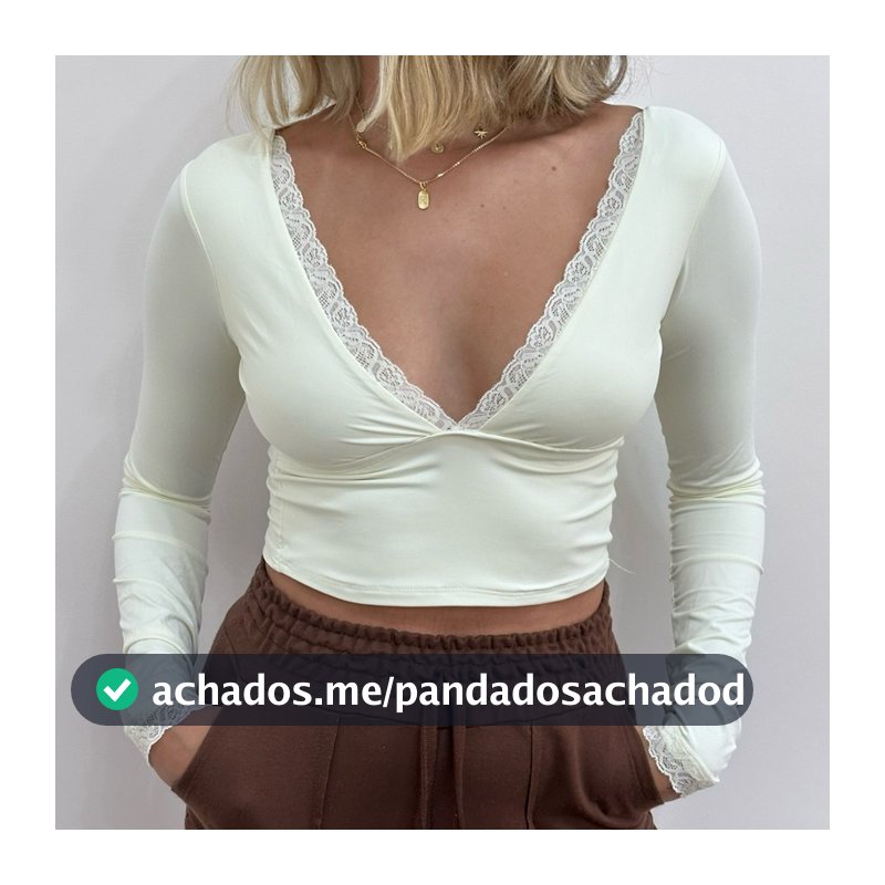 Blusa Camila Poliamida Manga Longa com Renda Decote V