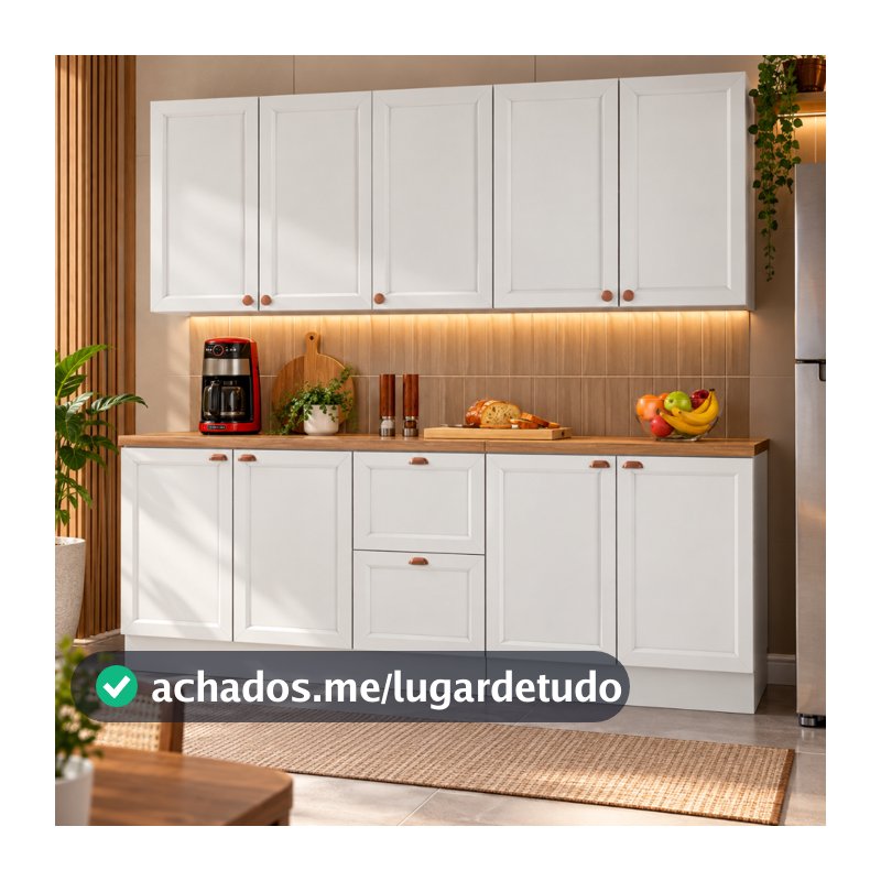 Cozinha Modulada Olivia 9 Portas 2 Gavetas 4 Peças Portas em MDF Balcões Tampo 200 cm Poliman Móveis
