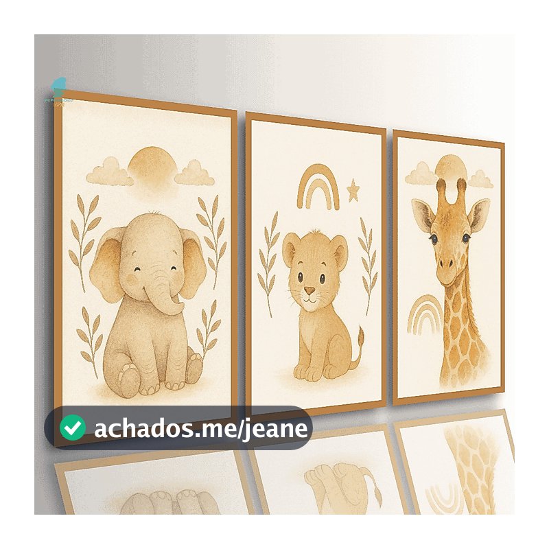 Quadros Decorativos Infantil Trio Safari Bege Bichinhos Fofos Bebê Quarto