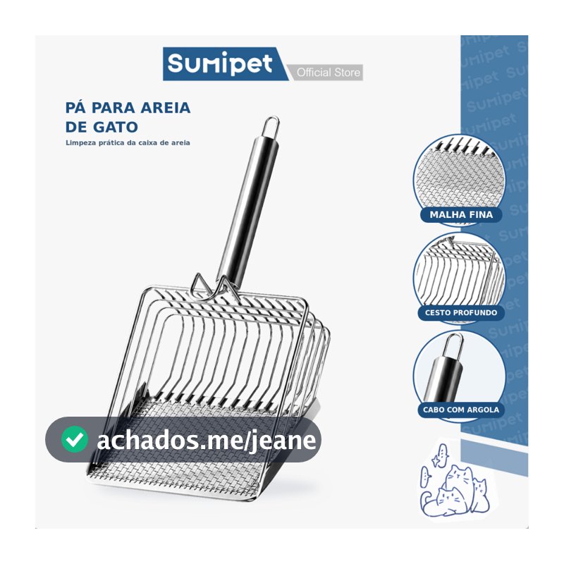 Pá Peneira para Caixa de Areia de Gato com Duas Camadas de Filtragem Metal Cromado Malha Fina Fácil de Limpar