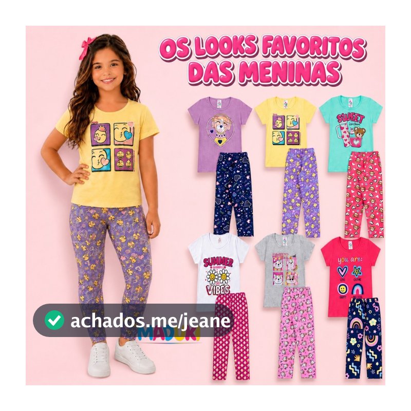 Kit 4 Peças Infantil Juvenil Menina Camiseta e Legging - Tamanhos 1 a 16 - Conjunto Infantil Menina