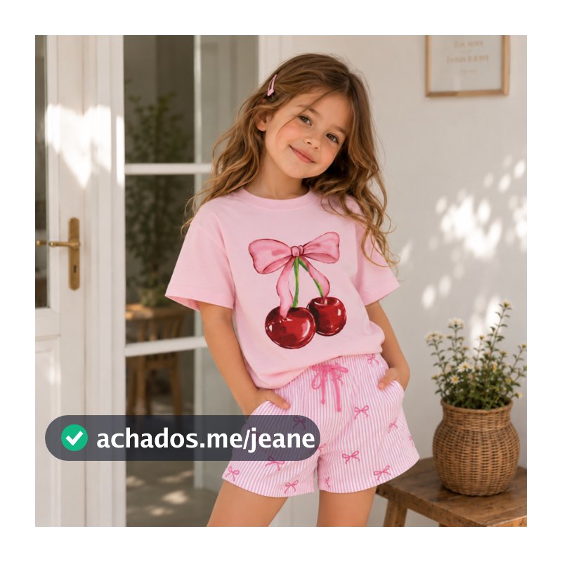 Camiseta Infantil Cereja Laço Algodão Camisa De Criança Feminina Cereja Estilosa