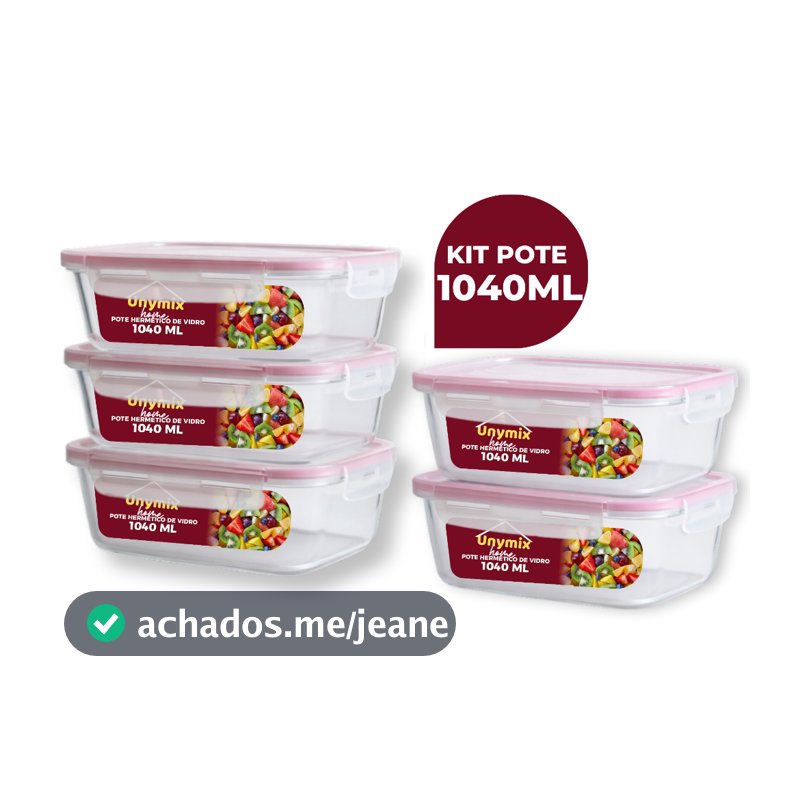 Kit 3/5/10 Potes Vidro Hermético 1040ml Retangular 4 Travas Transparente Premium