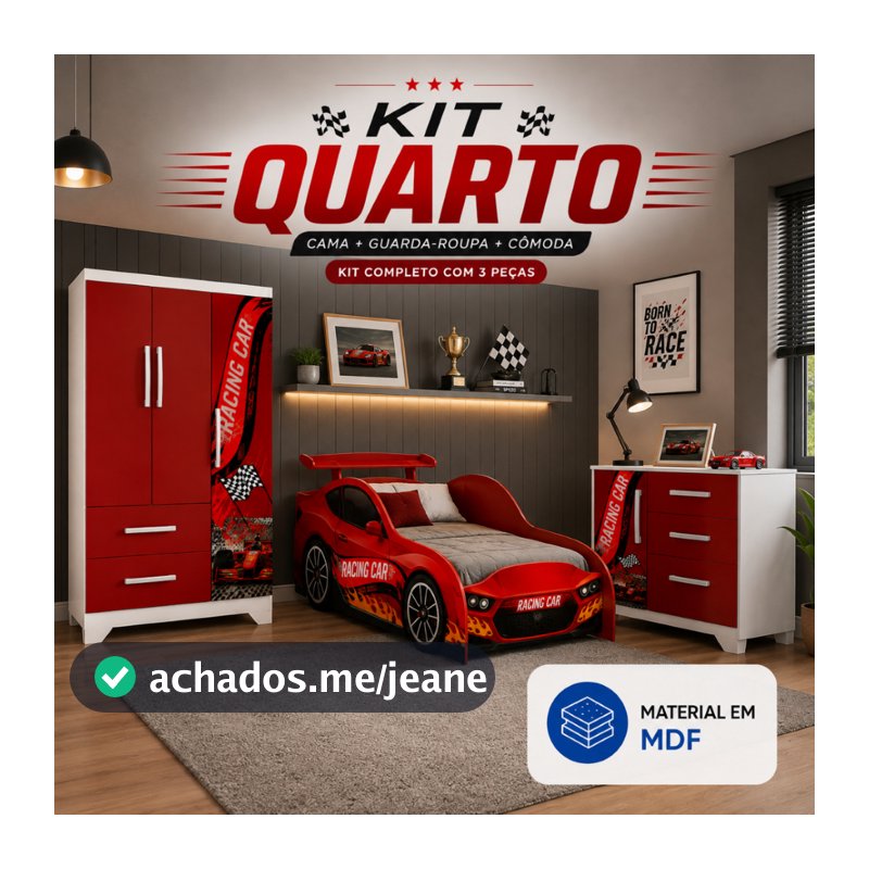 Quarto Infantil Carro Vermelho com Cama, Guarda-Roupa e Cômoda em MDF