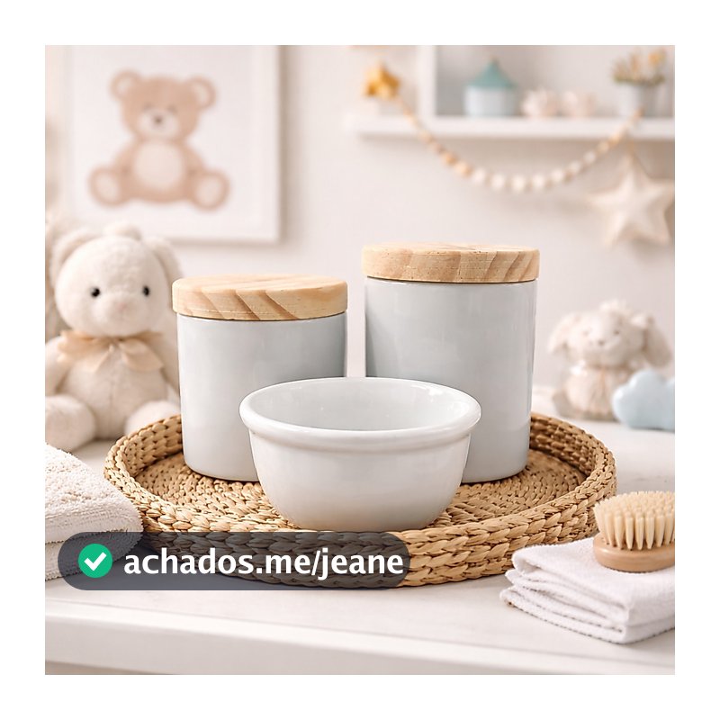 Kit Higiene Bebê Porcelana Branca Tampa Em Madeira 3 Peças Maternidade
