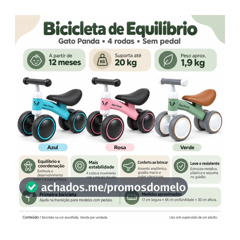 Bicicleta De Equilíbrio 4 Rodas Retro Sem Pedal - Rosa, Azul ou Verde - Gato Panda