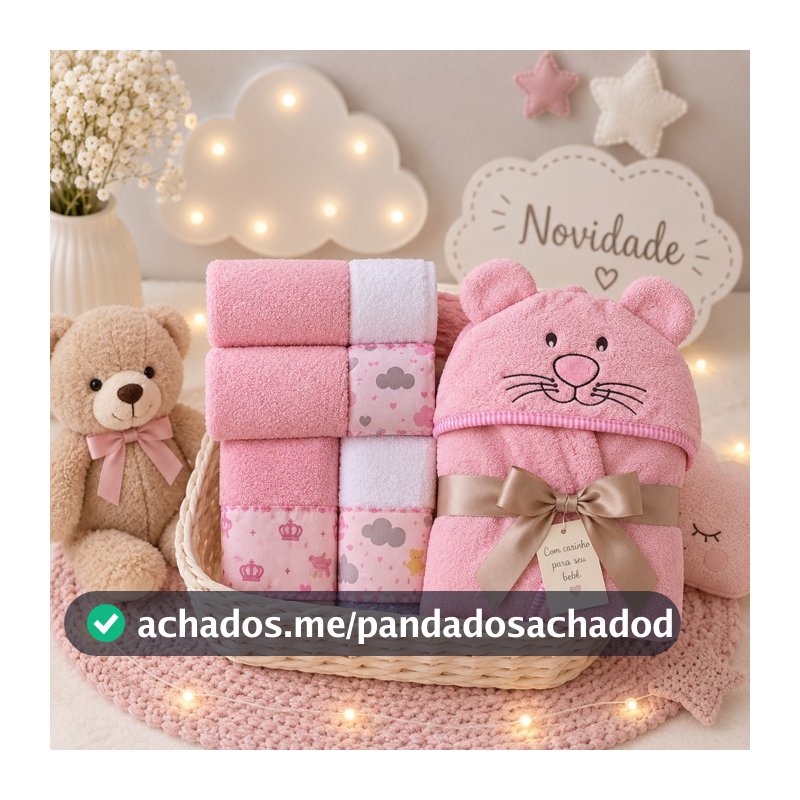 Kit Enxoval Bebê Toalha com Capuz Bordado + 5 Toalhinhas Boca Ombro Felpudas