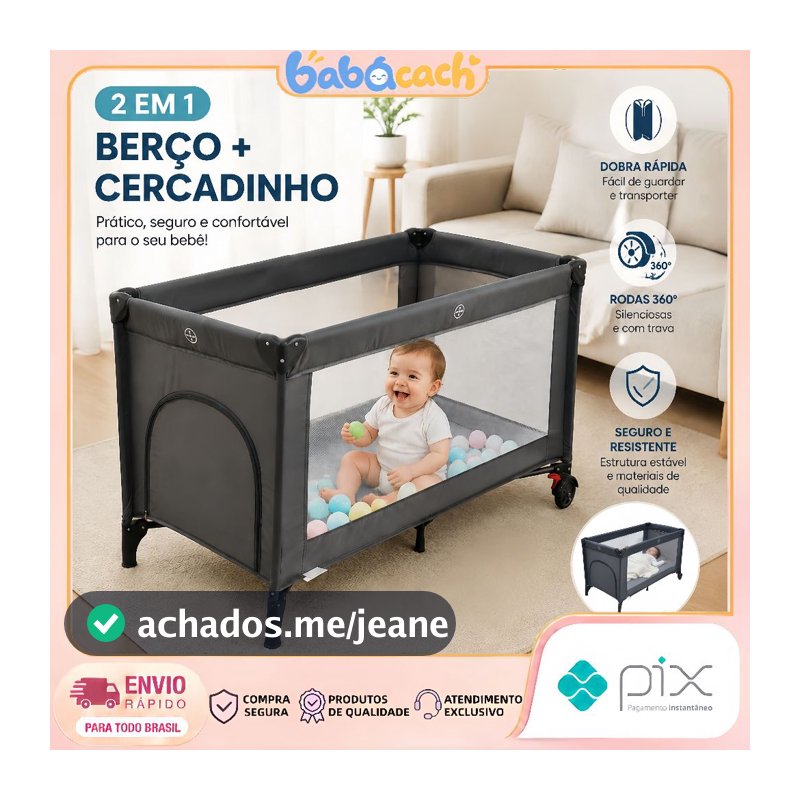 Berço Portátil 2 em 1 Cercadinho Dobrável  Rodinhas + Colchão Incluso