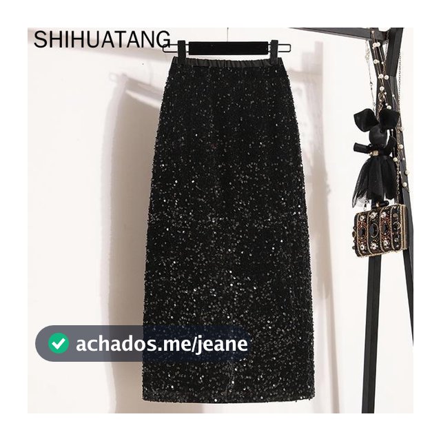 Plus Size Saia De Lantejoulas Primavera Nova High-end Brilhante Cintura Alta Comprimento Médio