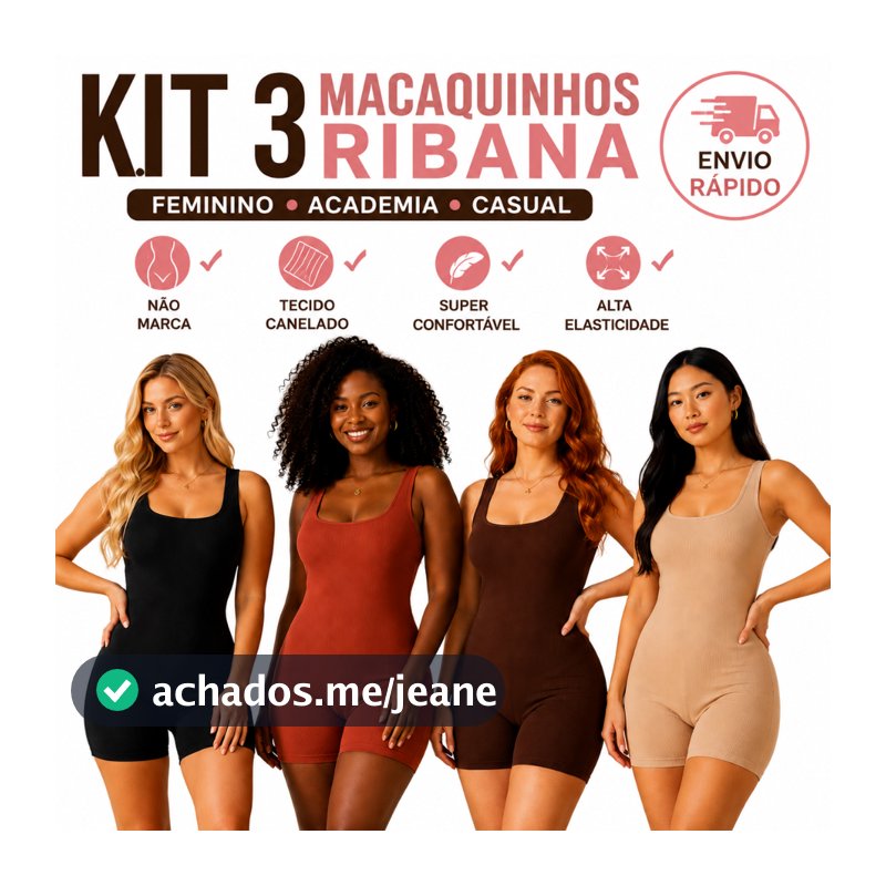 Kit 3 Macaquinho Feminino Ribana Canelada Academia Casual Fitness Modelador Curto Alta Elasticidade M G