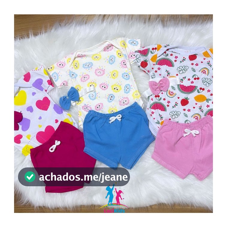 Conjunto de Bebê Menina 3 Peças Body, Short e Faixa de Cabelo Laço