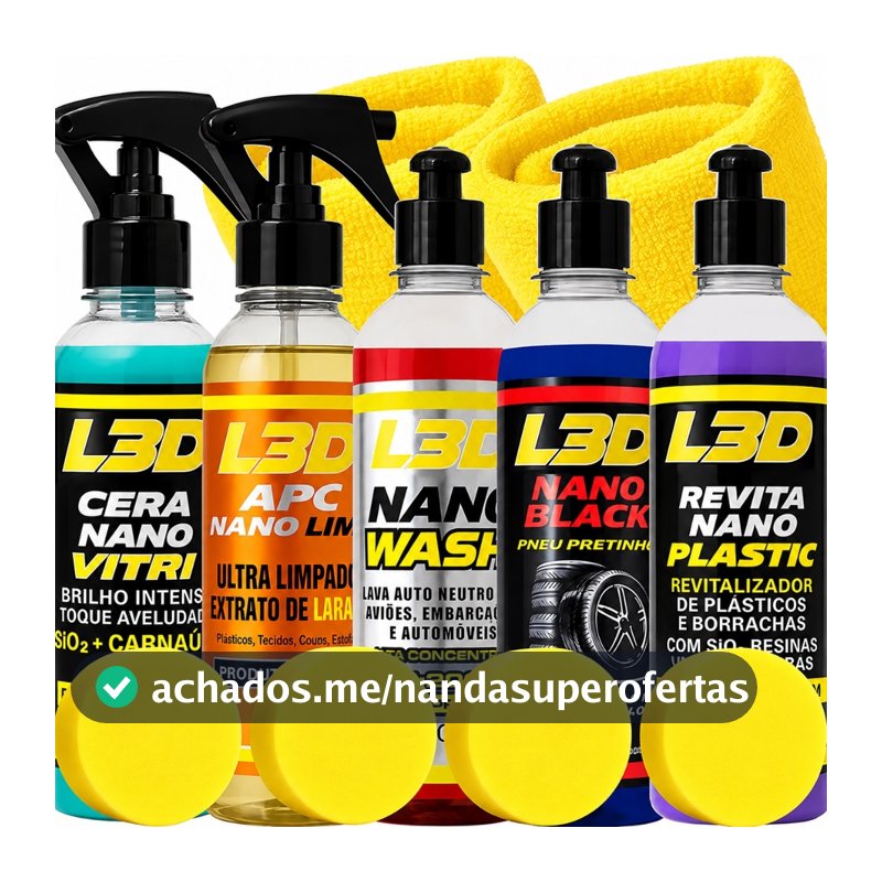 Kit Lavagem Automotiva Cera Carnaúba, Shampoo Automotivo, Apc, Pretinho, Revitalizador de Plásticos