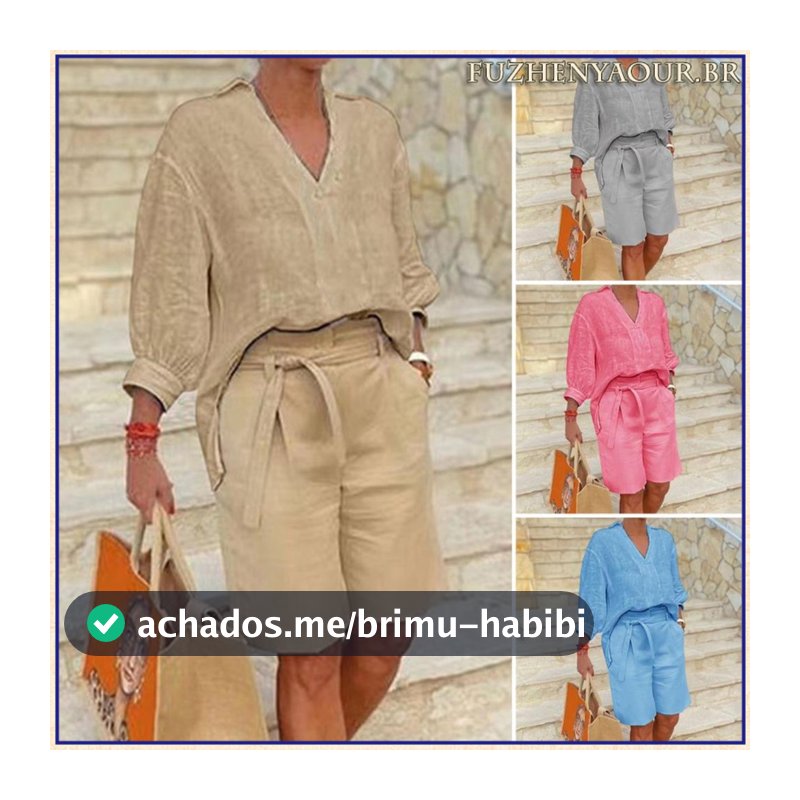 Roupas De Duas Peças Para Mulheres Camisas De Pescoço Em V E Calções De Linho Macio Conjuntos De Correspondência De Loun