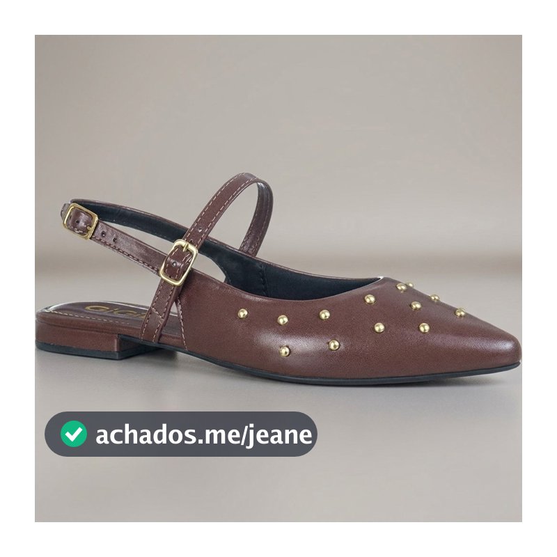 Sapatilha Feminina Slingback Bico Fino Com Tachas Douradas e Fivela Ajuste Seguro Confortável Vivi GiGiL