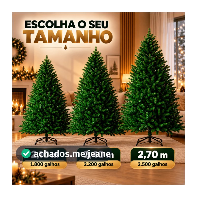 Arvore de Natal Cheia Volumosa 2,10m / 2,40m / 2,70m até 2500 Galhos Pinheiro Tradicional Montagem Fácil