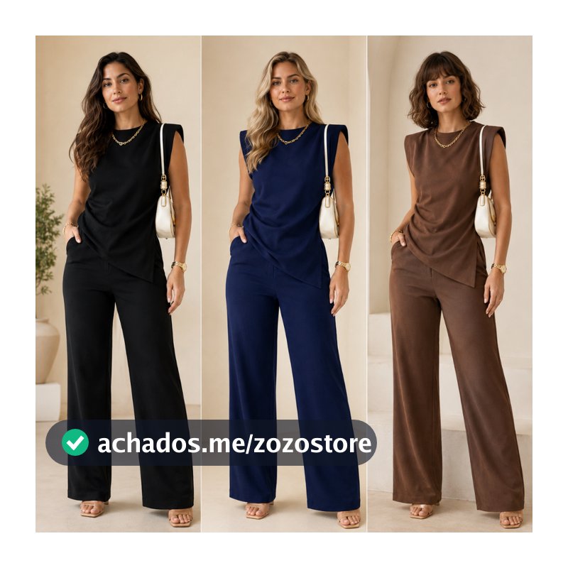 Conjunto Assimétrico Feminino Alfaiataria Blusa Franzida e Calça Pantalona Social Elegante Look Moda Outono Inverno