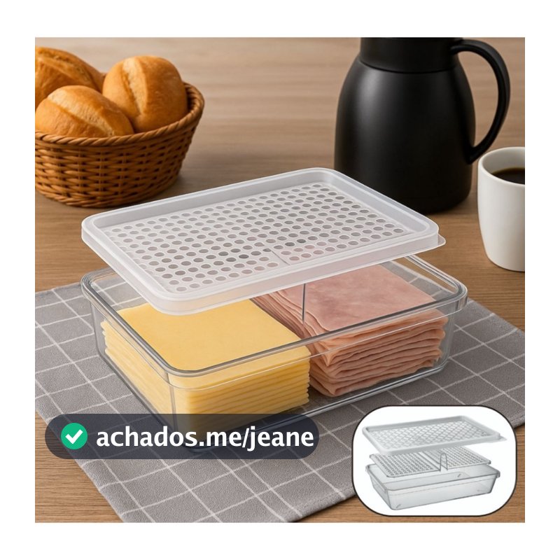 Porta Frios Geladeira Com Divisória e Escorredor de Líquido Em Acrílico Resistente Transparente Com Tampa Organizador