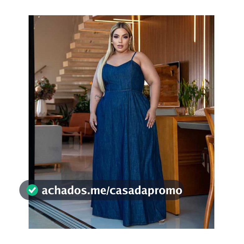 Vestido Jeans Longo Plus Size, com alça ajustável, elegante casual
