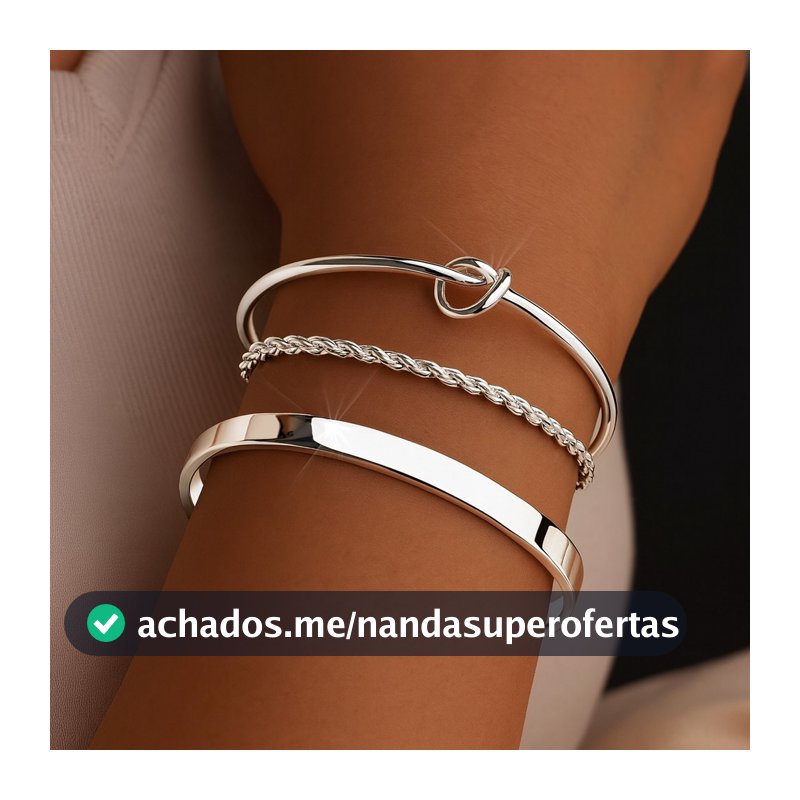 Kit 3 pulseiras femininas em prata 925: pulseira com nó de coração + pulseira brilhante + pulseira de corda torcida