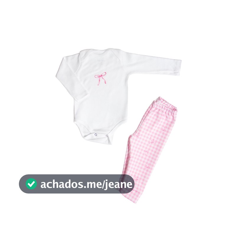 Conjunto Calça e Body Manga Longa Xadrez Vichy Rosa