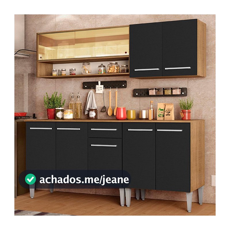 Cozinha Completa Madesa Emilly Dance com Balcão e Armário Vidro Reflex - Rustic/Preto