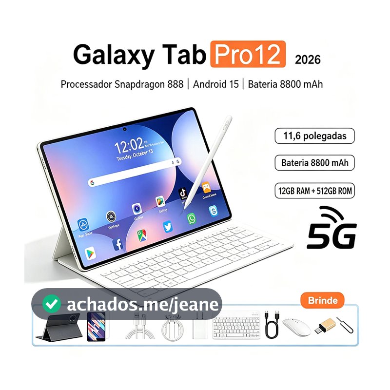 Tablet Galaxy Pro12 | 16GB RAM 512GB | Android 15 | Tela 11.6" HD | 5G | Snapdragon 888 Com Teclado e Mouse Grátis