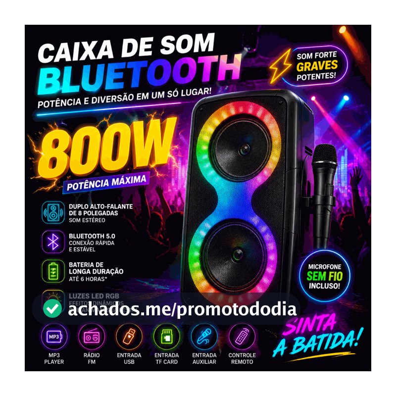 Caixa de Som Bluetooth 800W Potente RGB Com Microfone