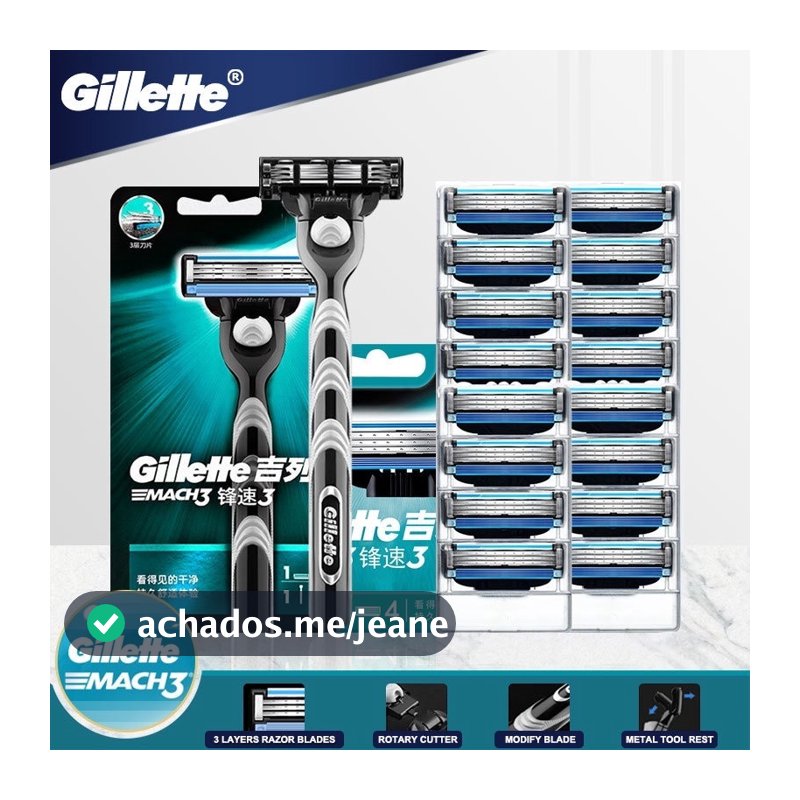 Lâminas de Barbear Gillette Mach3, Pacote com 3 Lâminas de Camada