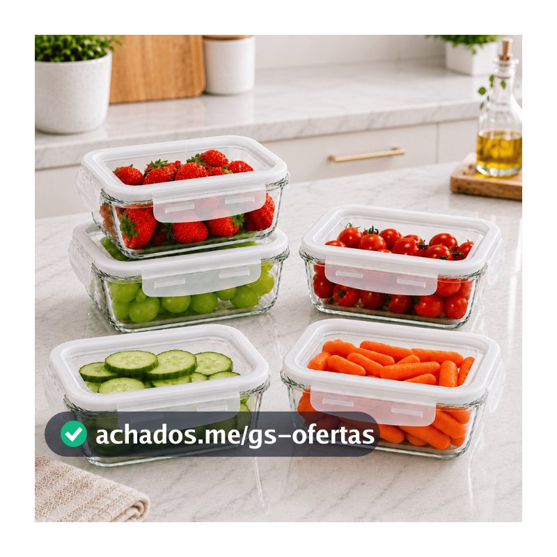 Kit Conjunto 5 Potes De Vidro Hermético 640ml Marmita Marmitinha Fit Tampa Com 4 Travas Não VAZA