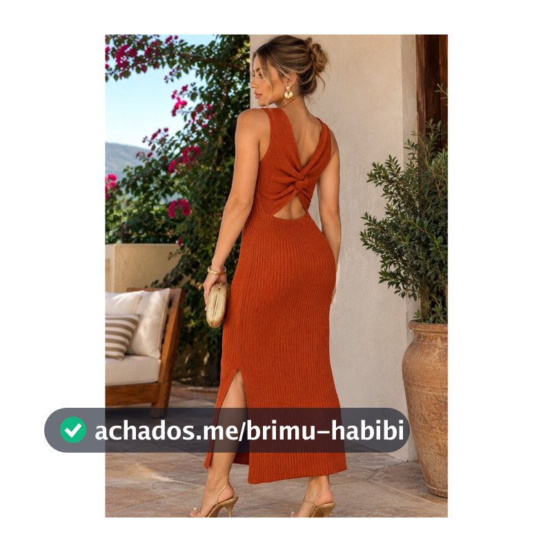 Vestido midi feminino nó duas formas de usar com fenda nas laterais tricô tricot canelado verão