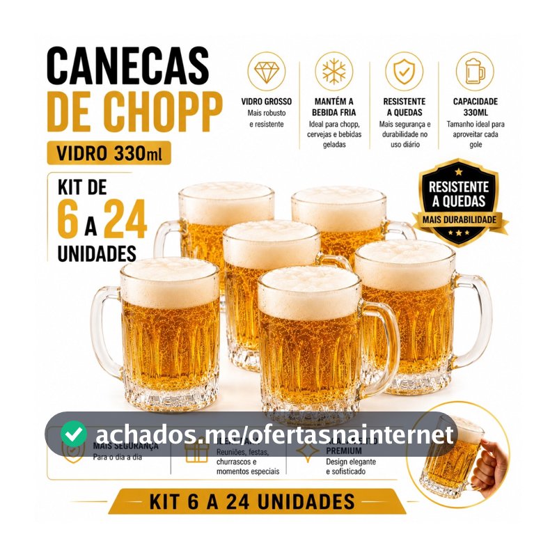 Canecas de Chopp Vidro 330ml Kit 6 a 24 Grosso Resistente a Queda Cerveja Bar Churrasco