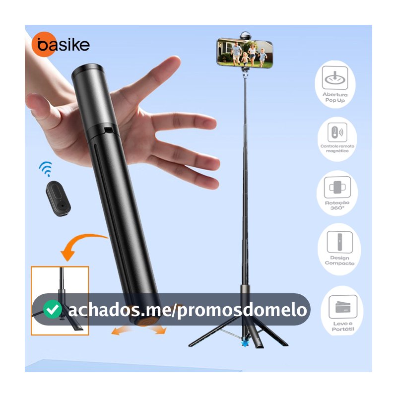 BasikeTripé Selfie com Abre Automático Controle Bluetooth Suporte Celular Portátil, Giratório 360° e Ocultável Viagens