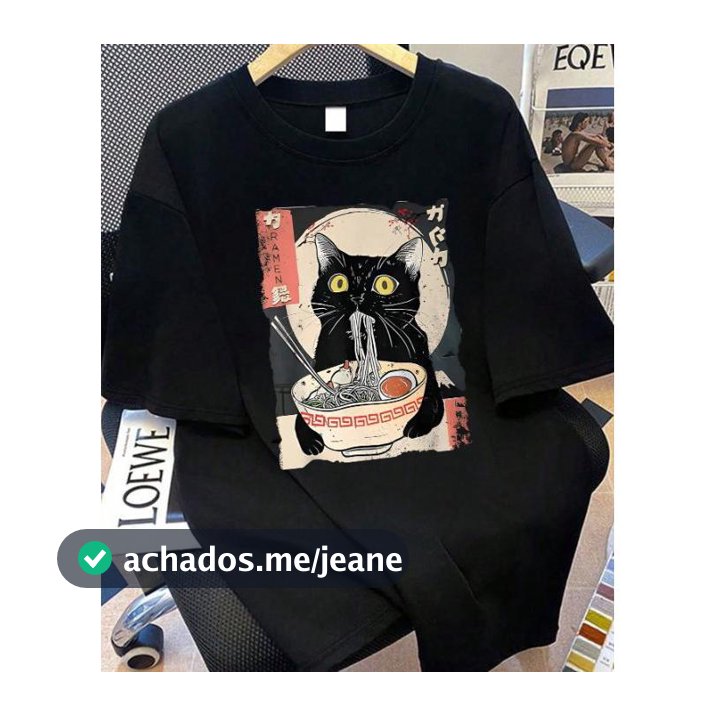 Camiseta Gato Ramen Japonesa Preta Camisa Estampa Oriental Anime Blusa Geek Criativa Blusinha Moderna Streetwear