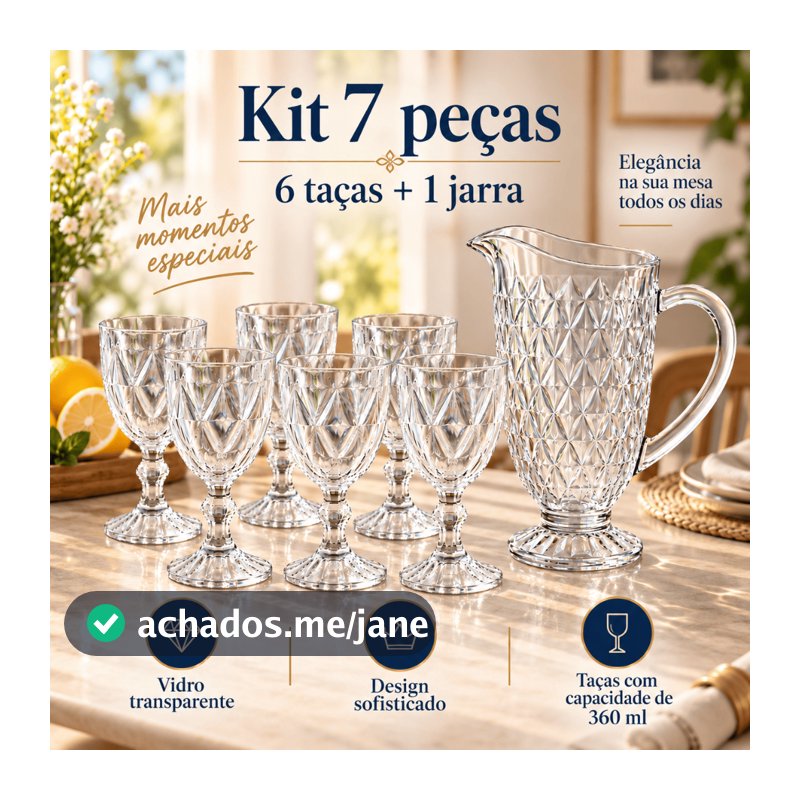 Kit 7 Peças Taças Diamond 360ml + Jarra Diamante 1,2L Para Água Suco Bico Jaca Abacaxi Transparente