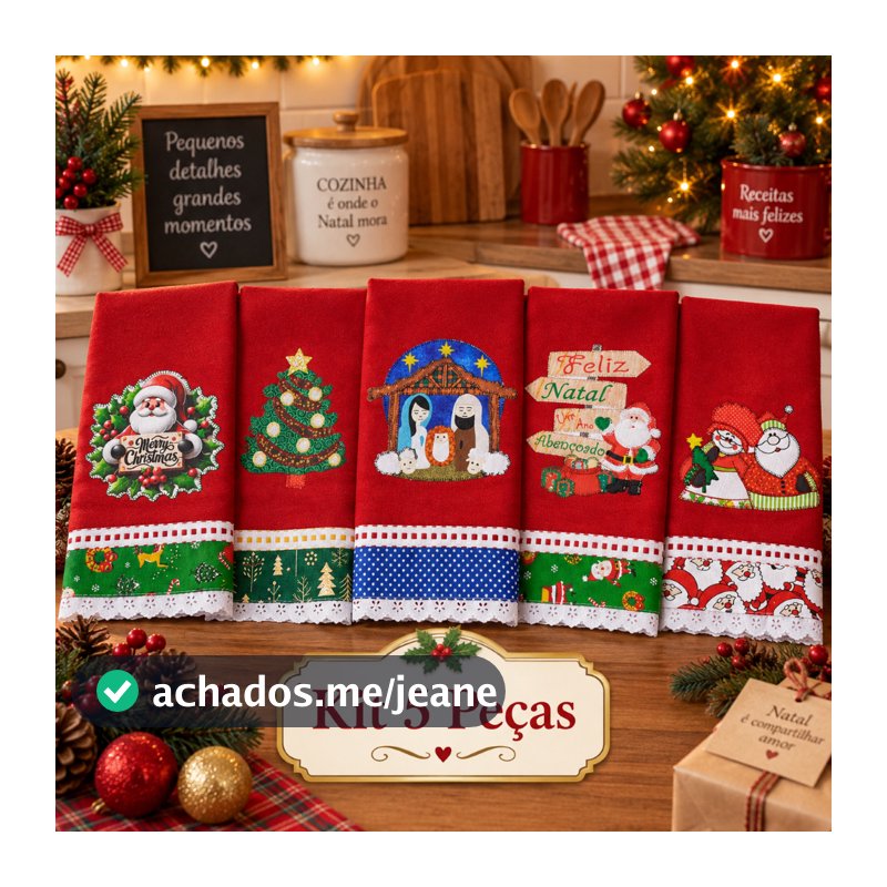 Pano de Prato Natal Bordado Patchwork Kit 5 peças Vermelho LANÇAMENTO