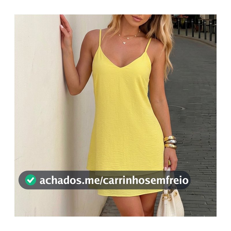 Vestido Feminino Curto Babado Alças Fina Regulável Soltinho Crepe Duna Elegante Confortável