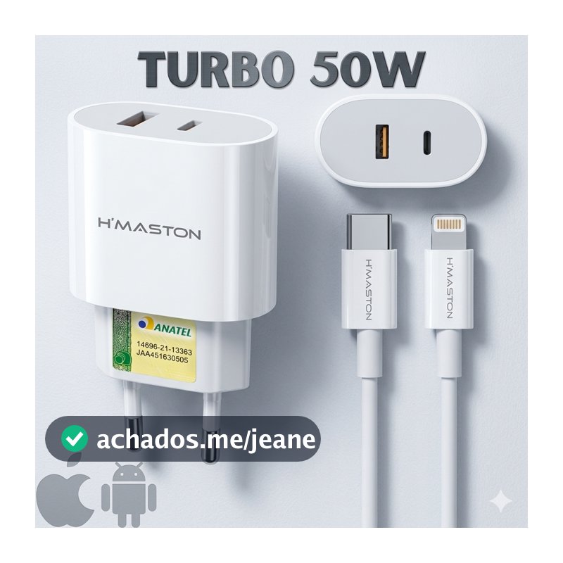 Carregador Iphone Turbo 50W Cabos (USB-C ou Lightning) – 0 a 100% em 1h!