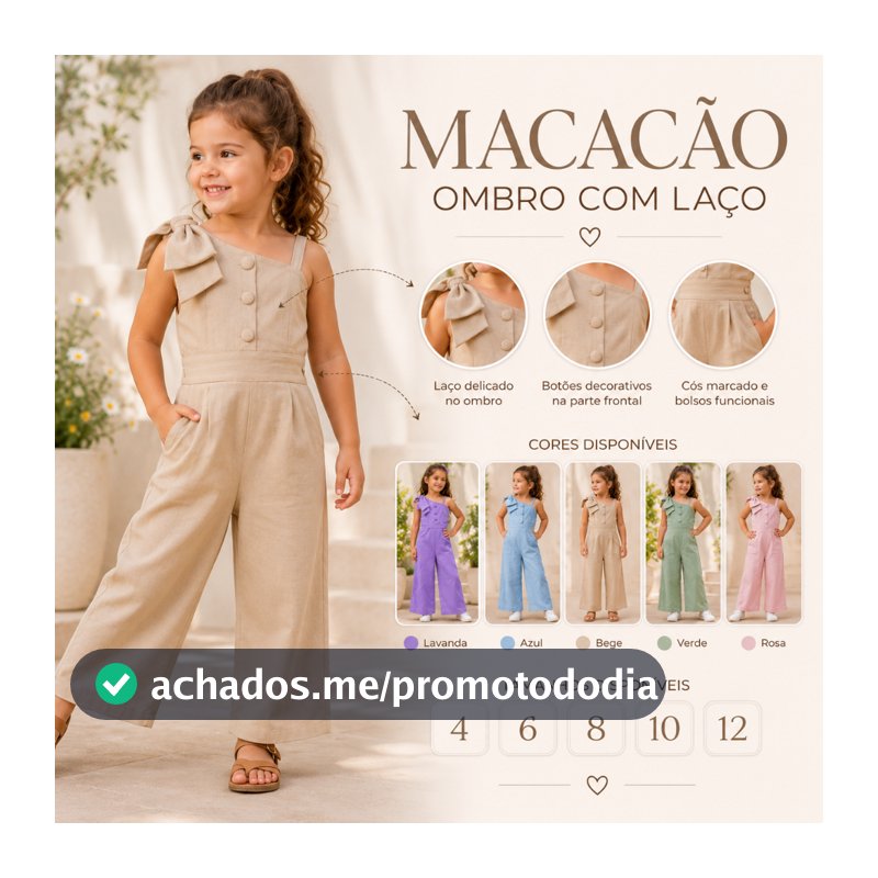 Macacão Ombro com Laço Infantil Pantalona Elegante com Botões Decorativosŵ