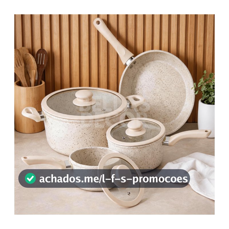 Kit Jogo Panelas 4 Peças Revestimento Cerâmica Marmorizado Creme Antiaderente Premium Tampas Vidro Organização Cozinha