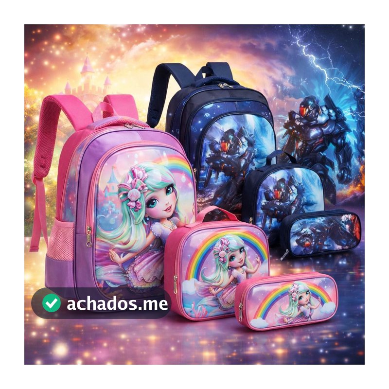 Kit Escolar Infantil 3 Peças – Mochila, Lancheira e Estojo Masculino e Feminino