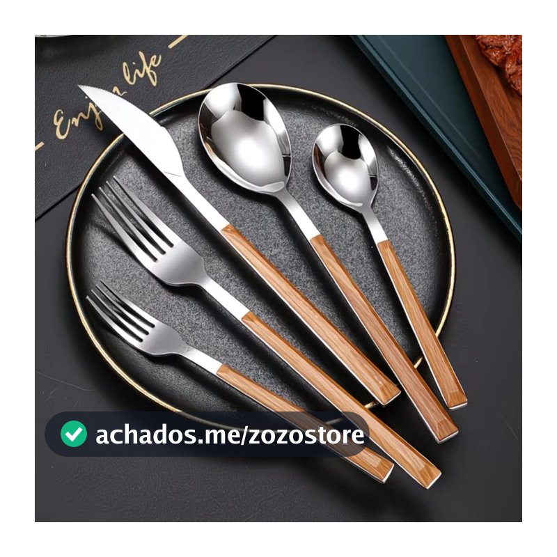 Kit 24/48 Jogo De Talheres Faqueiro Aço Inox, Alças Imitação de Madeira, Fácil de limpar,para Jantar e Casa