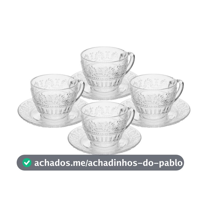 Jogo 4 Xícaras de Chá com Pires Wolff Mauve 220ml Cristal Elegante para Servir Chás e Cafés na Mesa Posta Muito Elegante