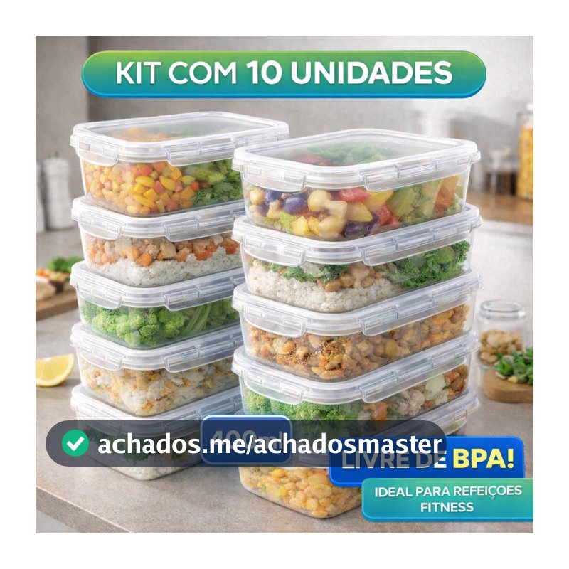 Kit 10 Potes Marmita Fit 400ML Retangular Com Tampa 4 Travas Jogo de Potes Livres de BPA