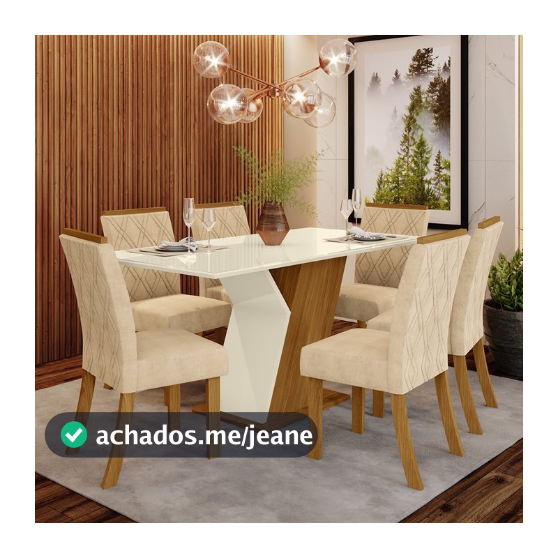 Conjunto Sala de Jantar Mesa 160 Cm Tampo MDF 6 Cadeiras Lupita Casa 812